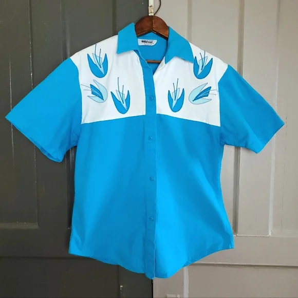Vintage Blair Camp Shirt Blue White Atomic Applique Floral Medium - Picture 1 of 9